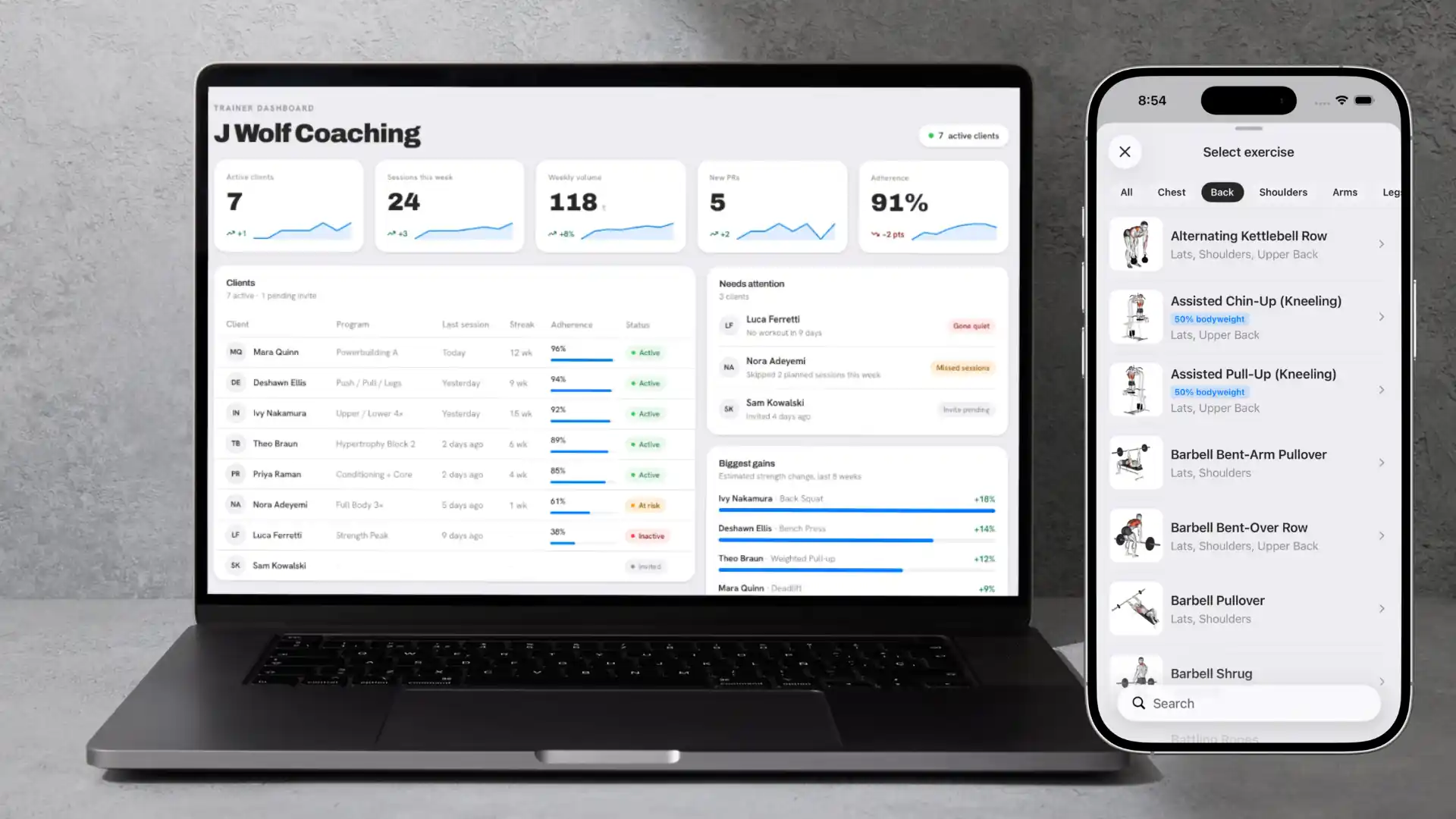 The Gymtrack coaching dashboard on a laptop beside the phone app, open on the exercise picker