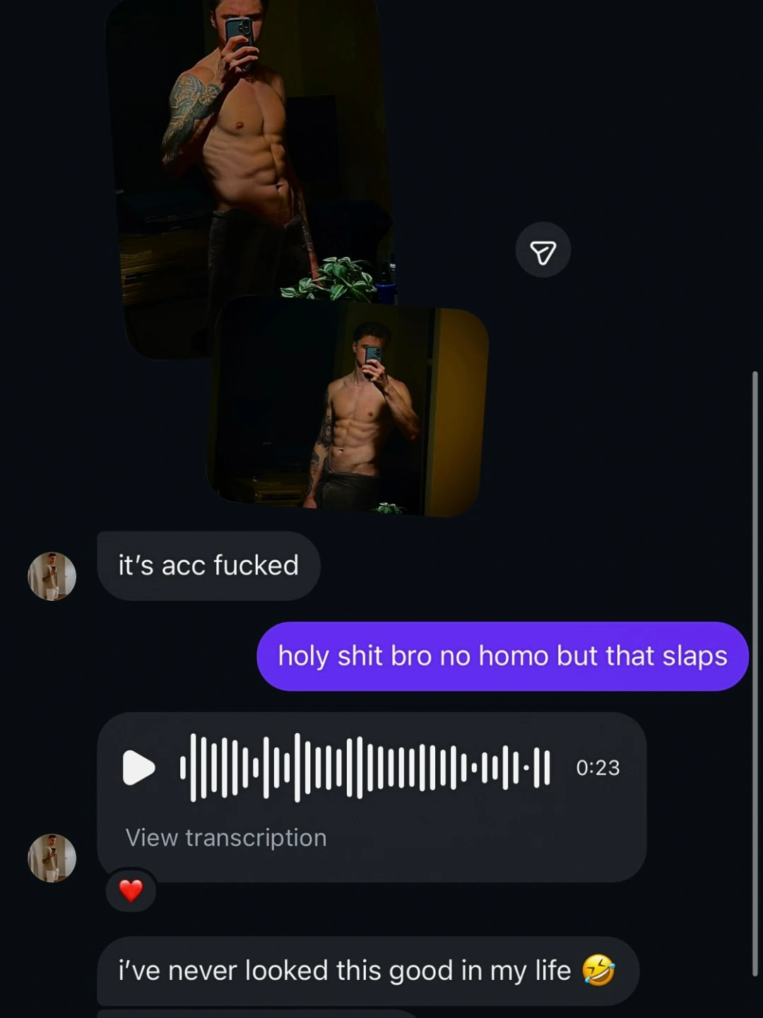 Client message thread: the client sends two mirror photos. Client: it’s acc fucked. Coach: holy shit bro no homo but that slaps. The client replies with a 23 second voice note, a heart, and: i’ve never looked this good in my life